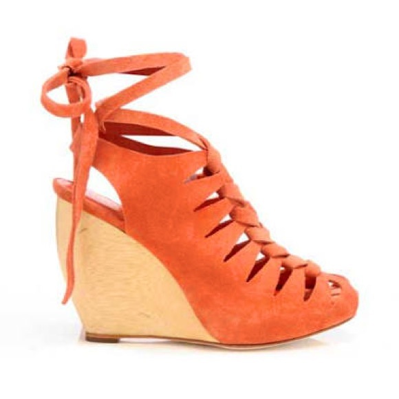 Loeffler Randall Vivian Ankle Lace Wrap Red Orange Coral Suede Wedge Heels 8.5 - Picture 1 of 10